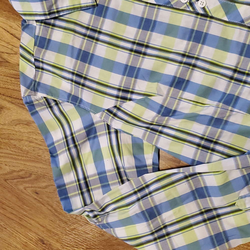 Columbia Plaid Button-Up Long Sleeve Shirt Womens L Periwinkle Lime Green White - Picture 6 of 16